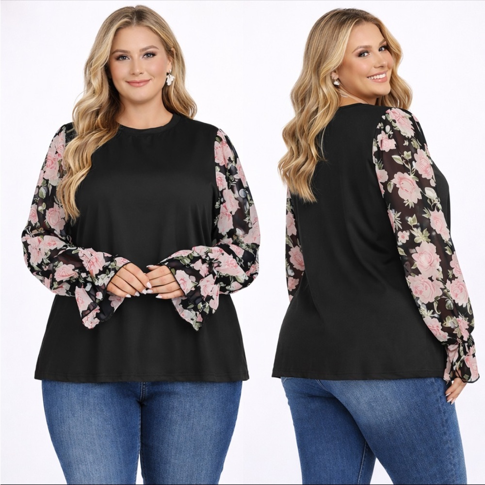 Agnes Orinda Plus Size Tops for Women Crew Neck Floral Printed Long Sleeve 2X
